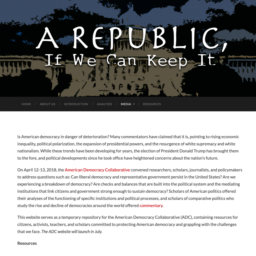 Image of a stylized text that reads 'A Republic, If We Can Keep It.' with a background of the US Capitol silhouette.