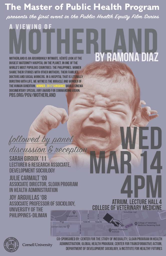 Event poster for a screening of the film 'Motherland' by Ramona Diaz, featuring a smiling baby. The poster includes details about the event date, time, and panel discussion participants.