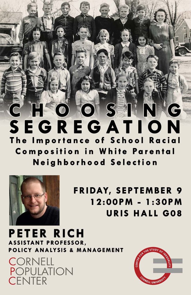 Black and white photograph of a large group of schoolchildren posing outdoors. The children are arranged in several rows, smiling and dressed in vintage clothing. The text overlay discusses a presentation on racial composition in schools.
