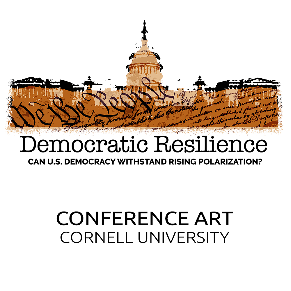 Artwork for a conference titled 'Democratic Resilience: Can U.S. Democracy Withstand Rising Polarization?' featuring the U.S. Capitol and the phrase 'We the People.'