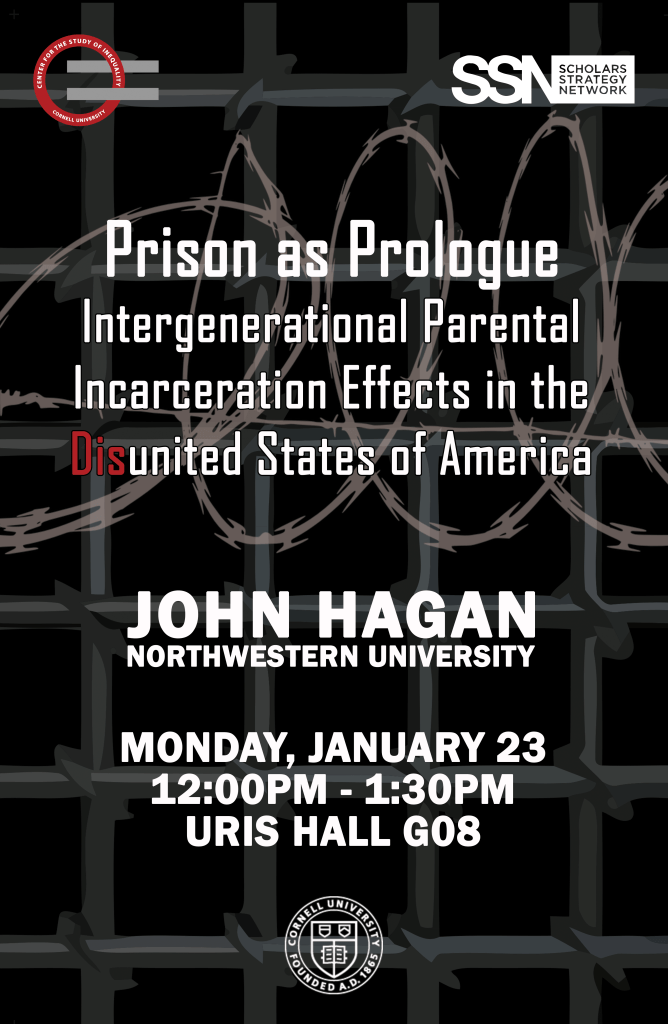 Poster for a lecture titled 'Prison as Prologue' by John Hagan at Northwestern University, discussing intergenerational parental incarceration effects, scheduled for January 23, 12:00 PM - 1:30 PM at Uris Hall G08. The background features a textured design resembling prison bars.