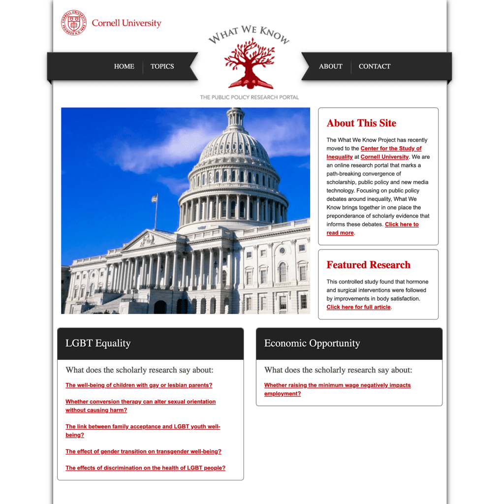 A website layout featuring the Cornell University logo, a prominent image of the United States Capitol building, and sections discussing scholarly research topics such as LGBT equality and economic opportunity.