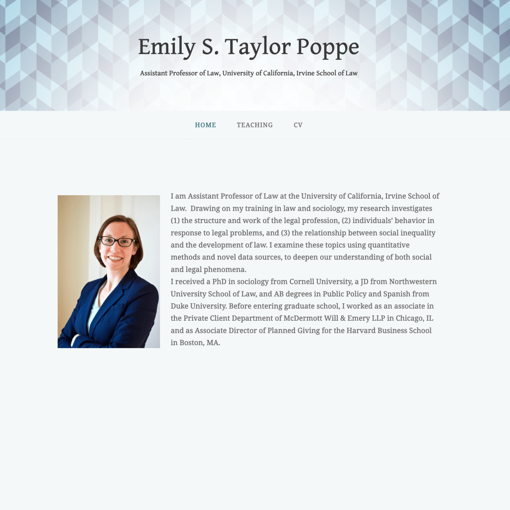 A professional portrait of an assistant professor of law, featuring a woman with glasses and shoulder-length hair, smiling and wearing a blazer, standing in an office setting with neutral colors.