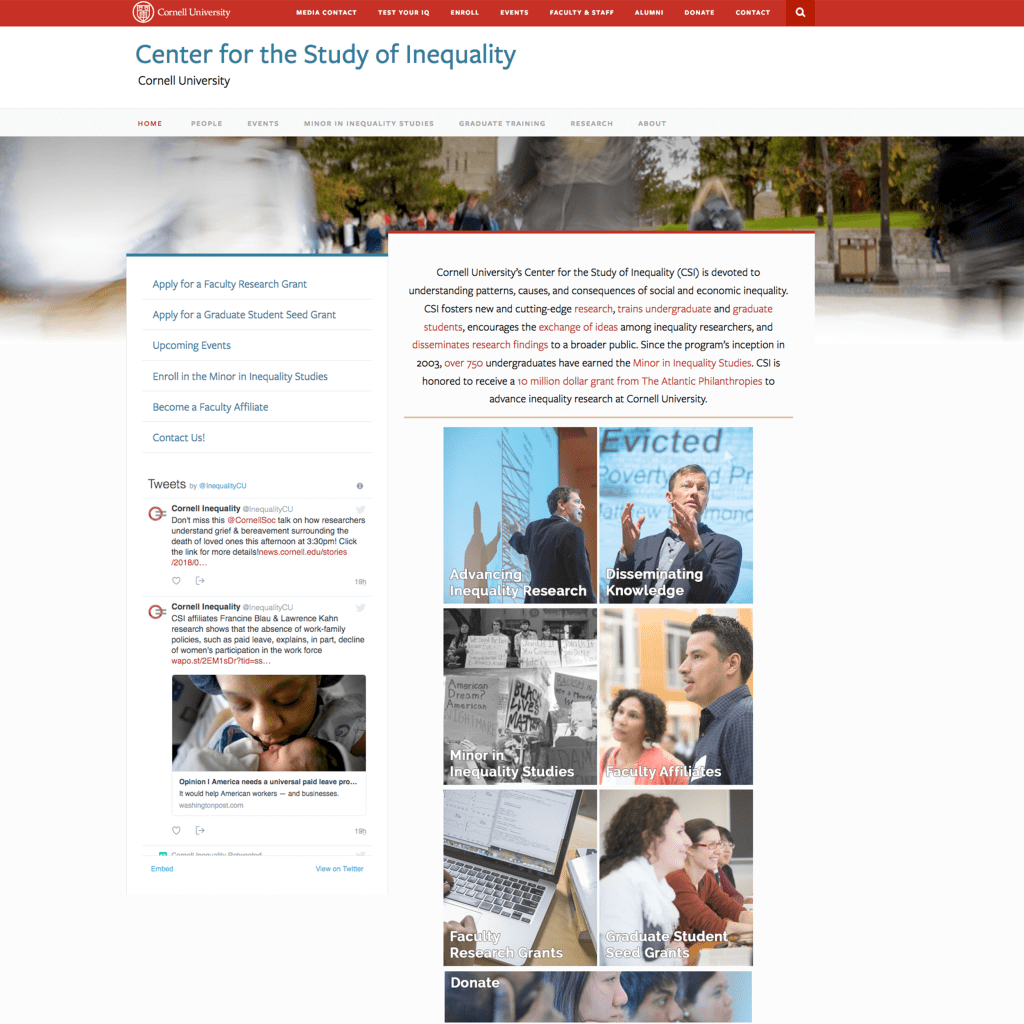 Webpage for the Center for the Study of Inequality at Cornell University, featuring information on research, events, and academic programs related to social and economic inequality.
