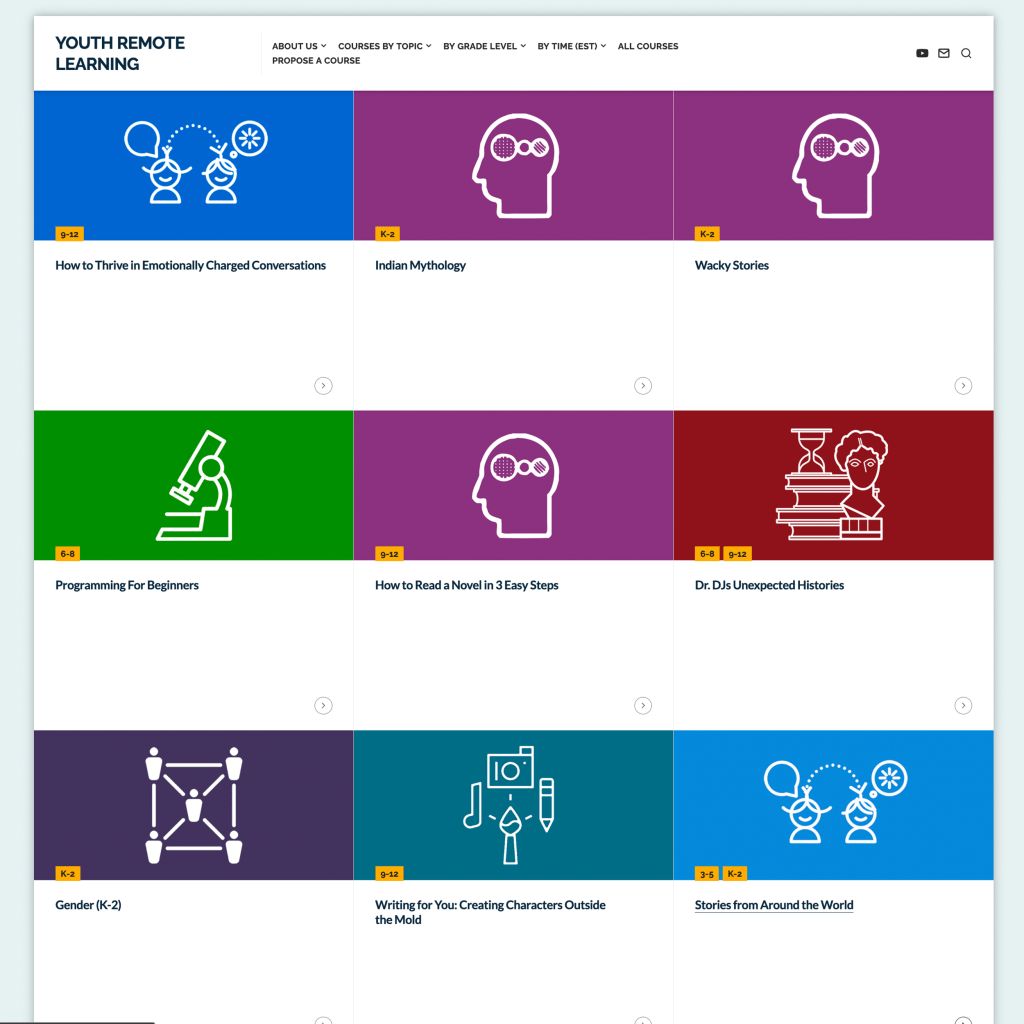 A grid of course offerings from Youth Remote Learning, featuring various subjects and grade levels, with colorful icons representing each course.