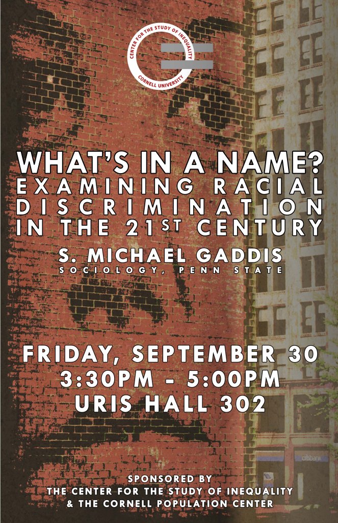 Event poster for 'What's in a Name? Examining Racial Discrimination in the 21st Century' featuring S. Michael Gaddis from Penn State. Scheduled for Friday, September 30, from 3:30 PM to 5:00 PM at Uris Hall 302, sponsored by the Center for the Study of Inequality and the Cornell Population Center.