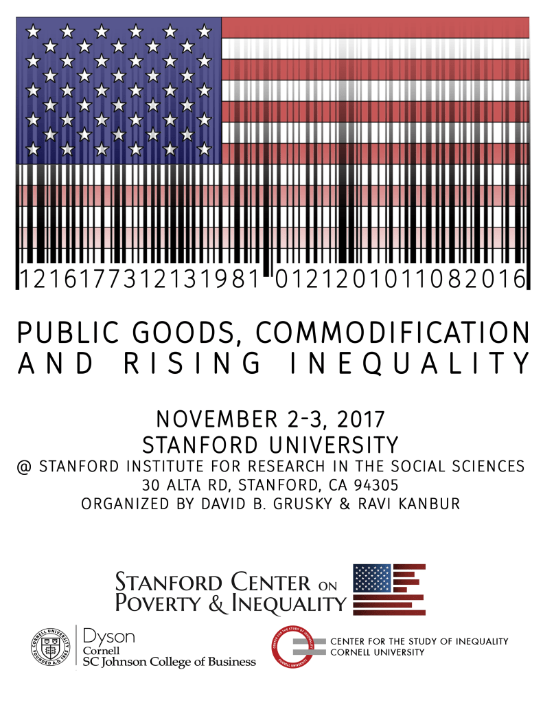 Graphic representation of the American flag incorporating barcodes, with text about a conference on public goods and inequality at Stanford University, November 2-3, 2017.