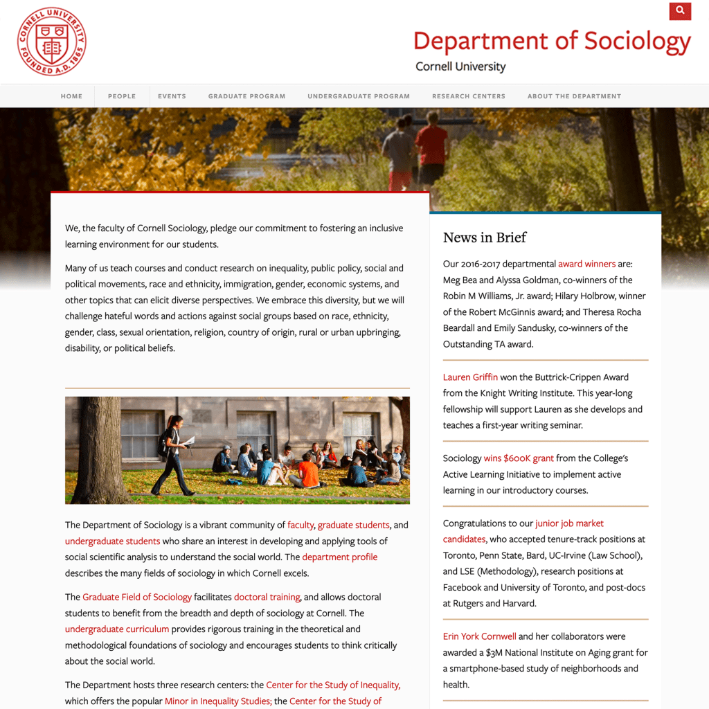 Image of the Cornell University Department of Sociology webpage featuring information on faculty and student research.