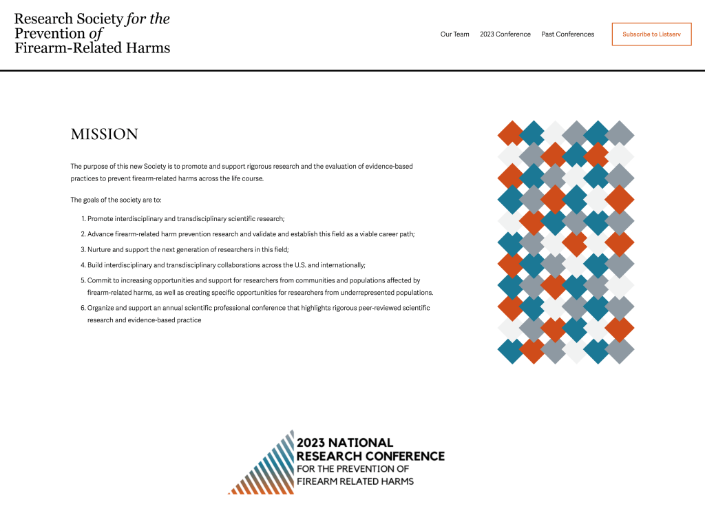Image of the mission statement for the Research Society for the Prevention of Firearm-Related Harms, outlining key goals such as promoting interdisciplinary research and supporting communities affected by firearm-related harms.