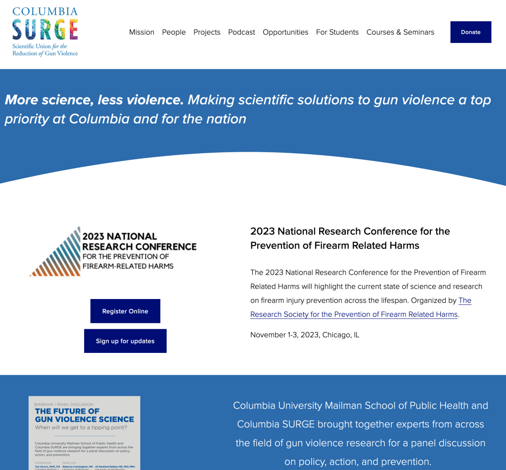 Website banner for Columbia SURGE highlighting the theme 'More science, less violence' with information about the 2023 National Research Conference for the Prevention of Firearm-Related Harms.